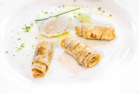 Eggplant rolls stuffed with white cheeseの写真素材