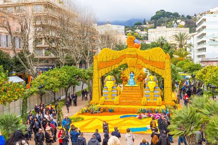 Sphinx and Cleopatra made of lemons and oranges in the famous Fete du Citron in Menton, France.のeditorial素材