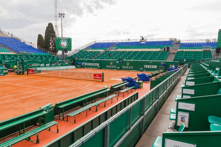 Clay tennis court prepared for the Monte-Carlo Rolex Masters finalsのeditorial素材