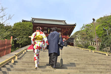 Kamakura, Japan - 19 April, 2019: People walking in the Tsurugaoka Hachimangu. The temple is the most important Shinto shrine of the city and hosts two museums and festivals.のeditorial素材