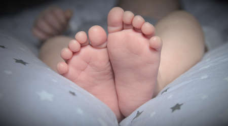 Newborn baby feet on a bedの写真素材