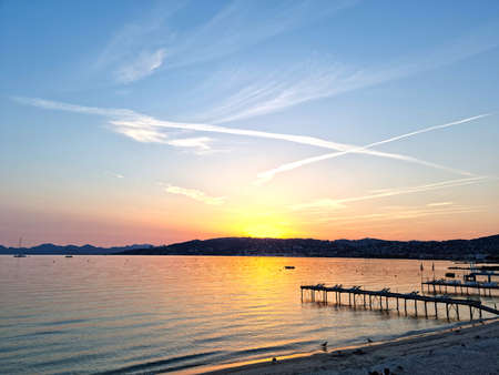 Sunset on the beach in Juan les Pins, South of Franceの写真素材