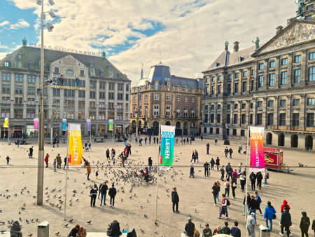 Amsterdam, The Netherlands - 05 October, 2021: Aerial view of the Dam square. The place is the historical center of the city and includes the Royal Palace.のeditorial素材