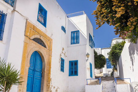 The village of Sidi Bou Said, Carthage, Tunisiaの写真素材