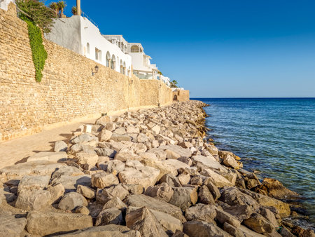 Beach in front of the medina of Hammamet, Tunisiaの写真素材