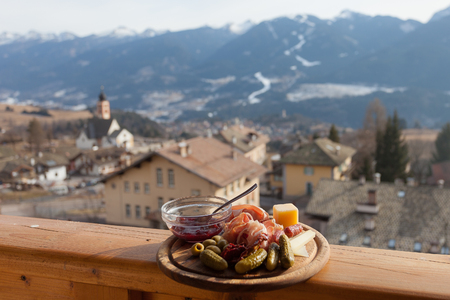 Traditional mountain italian lunch, Fiemme Valley, Trentino, Italyの写真素材