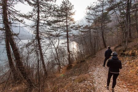 Walking near lake in autumn time, Dead Lake, Vittorio Veneto, Italyの写真素材