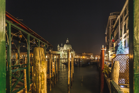 Night view of Basilica della Salute, Venice, Italyの写真素材