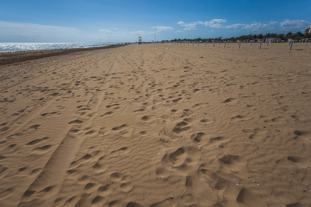 Vehicle and human prints on a sandy beach, Bibione, Veneto, Italyの写真素材
