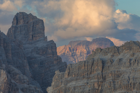 Wonderful Cima Fanis dolomitic walls with Conturines peak background; Lagazuoi, Veneto, Italyの写真素材
