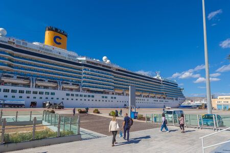 Passengers boarding a cruise ship docked at the port of Athensのeditorial素材