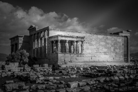 Black and white view of the Erechtheum, Acropolis, Athensの写真素材