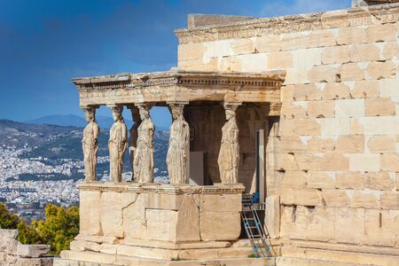 Lateral view of the Loggia of the Caryatids in the Erechtheum, Acropolis, Athensの写真素材