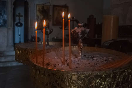 ZAKYNTOS, GREECE - SEPTEMBER 13, 2019: candles in the monastery of Panagia Skopiotissa