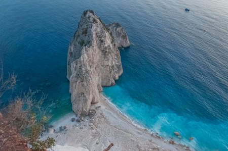 Top view of the beach and two white limestone cliffs of Misithres, Zakynthos island, Greeceの写真素材