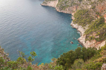 Panorama on bay in the rocky coast of Zakynthos island, Greece. Top view