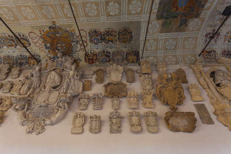 View of ancient decorations of roof in the ancient university Bo Palace, Padova