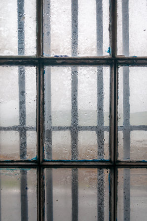Detail of window with railings, with sea in a rainy day in the background. Concept: closed place...