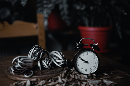 Black color effect of wooden plate with red radicchio and alarm clockの写真素材