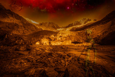 Alien golden landscape of a surface of another planet with alien and starship