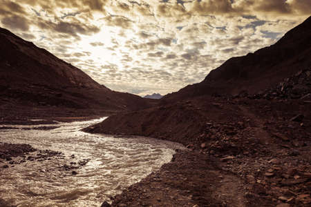 Stream generated by Vallelunga glacier melting at sunset, Alto Adige, Italyの写真素材