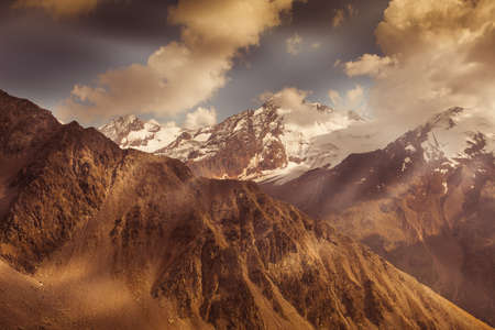 Awesome aerial view of Palla Bianca summit at sunset with light effectsの写真素材