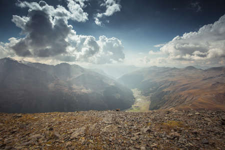 Aerial view of Vallelunga with sun rays filtering through the clouds, Alto Adigeの写真素材