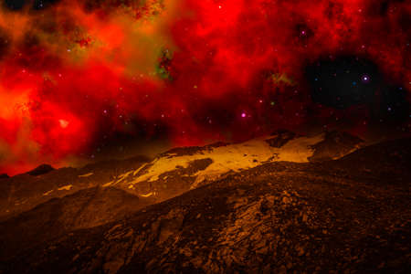 Photo montage that recreates mountainous landscape on alien planetの写真素材