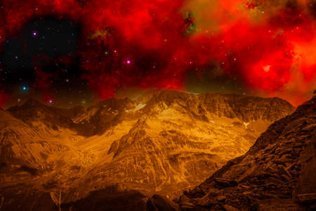 Photo montage that recreates a mountainous landscape on an alien planetの写真素材