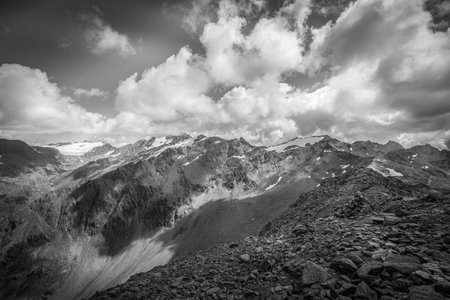 Black and white alpine panorama between Italy and Austria, Alto Adige, Italyの写真素材