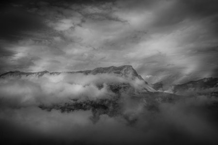 Black and white panorama of the peaks between Switzerland, Italy and Austriaの写真素材