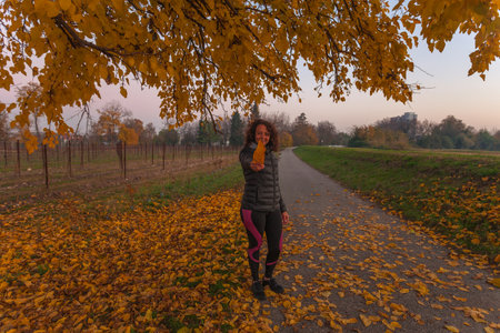 Happy woman under a tree with beautiful autumn colors showing a leafの写真素材