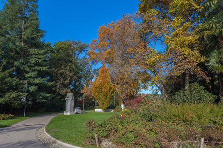 Trees with autumn colors in the Parco Ciani, Lugano, Switzerlandの写真素材