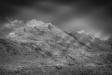 Black and white view of the Triassic carbonate platform of the Latemar Massifの写真素材