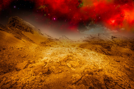 Photo montage of alien golden landscape, with sky full of starsの写真素材