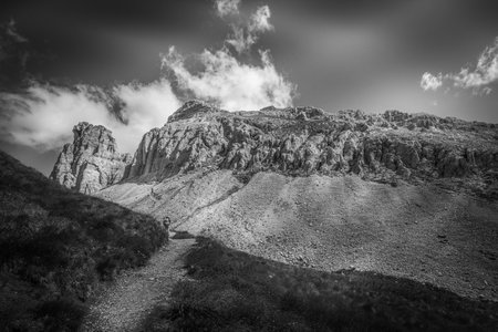 Black and white view of Latemar summit, Italyの写真素材