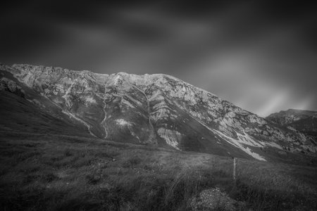 Black and white view of southern side of Latemar Massif, Dolomites, Italyの写真素材