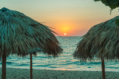Tropical beach with thatched umbrellas during a beautiful sunset over the oceanの写真素材