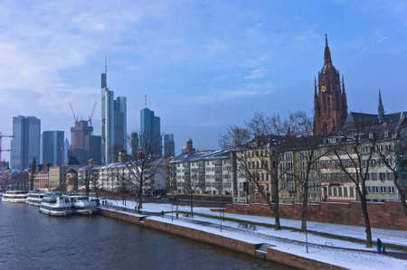 Frankfurt, Snowy day city view by the river Rhein, Germany, Europeのeditorial素材