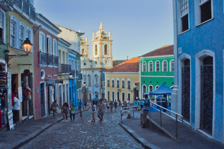 Salvador de Bahia, Pelourinho view with colorful buildings, Brazil, South Americaのeditorial素材