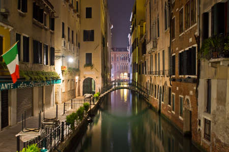 Venice, Old city canal view by night, Italy, Europeのeditorial素材