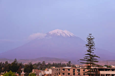 Arequipa, Old city street view and volcano El Misty, Peru, South Americaのeditorial素材