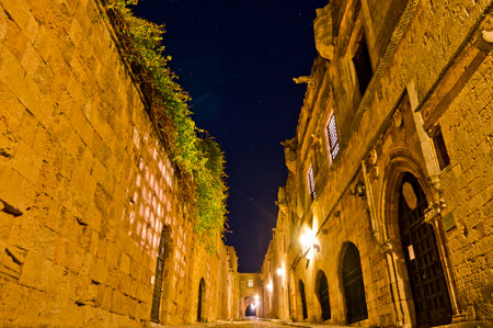 Rhodes Island, Old city, Street of the Knights view by night, Greece, Europeのeditorial素材
