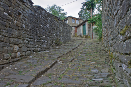 Tsepelovo Epirus, Old stone village street view, Greece, Europeのeditorial素材