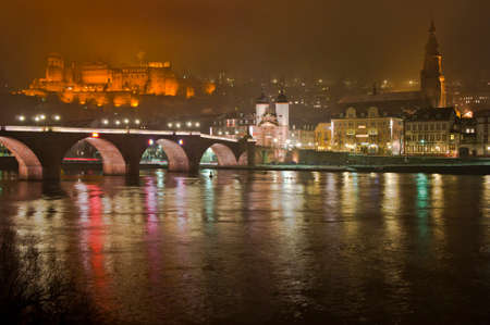 Heidelberg, Snowy night city view by the river Rhein, Karl Theodor Bridge, Germany, Europeのeditorial素材