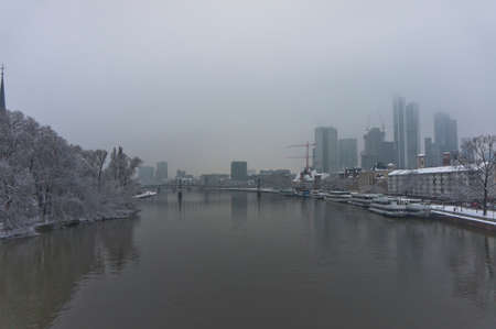 Frankfurt, Snowy day city view by the river Rhein, Germany, Europeのeditorial素材
