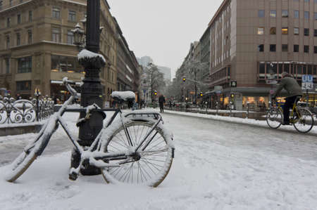 Frankfurt, Snowy day old city view, Snowy Bicycle, Germany, Europeのeditorial素材