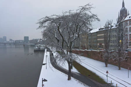 Frankfurt, Snowy day city view by the river Rhein, Germany, Europe