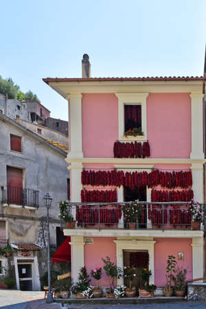 The windows of a house decorated with red chillies hanging in the sun in Orsomarso, old town of the Calabria region, Italy.のeditorial素材