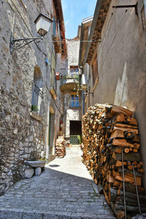 A narrow street among the old houses of Cusano Mutri, a medieval village in the Campania region, Italy.の写真素材